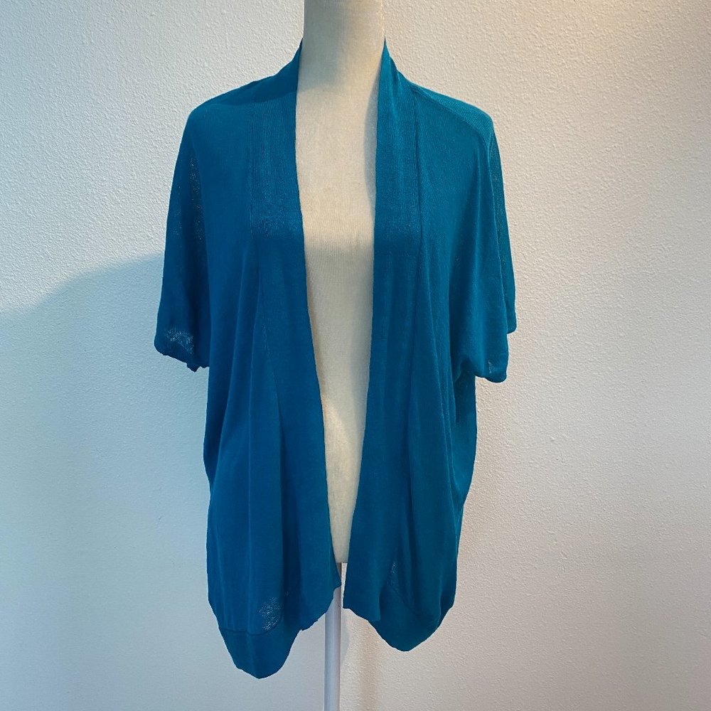 Eileen Fisher Large Turquoise Teal 100% Organic Linen Knit Open Cardigan Sweater